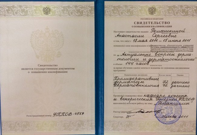Свидетельство А.Ромашкиной о повышении квалификации по программе Актуальные вопросы дерматологии и дерматоонкологии