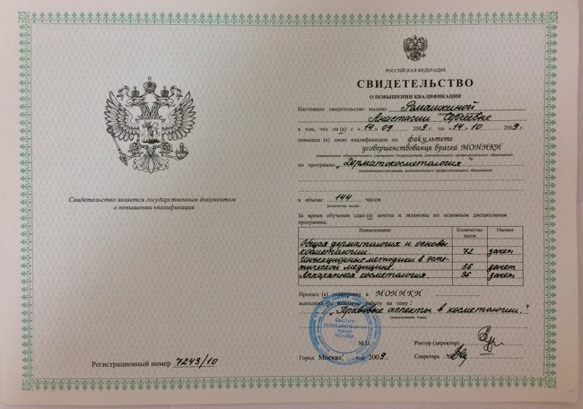 Свидетельство о повышении квалификации по программе Дерматокосметология
