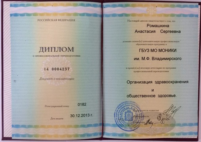 Диплом о профессиональной переподготовке по программе Организация здравоохранения и общественное здоровье